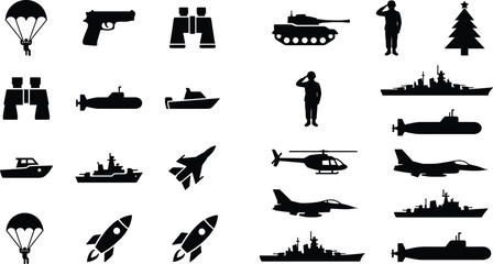 Military equipment silhouette collection featuring fighter jets submarines warships helicopters and army defense vector icons © Limon