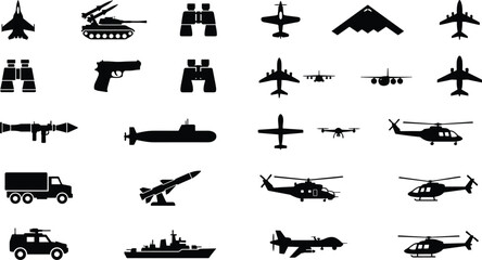 Military transport and aircraft silhouette collection featuring fighter jets helicopters tanks submarines and defense vehicle icons © Limon