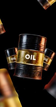 Vertical seamless loop 3D crude oil barrels animation with alpha channel transparent background for commercial petroleum price normalization global finance video projects.