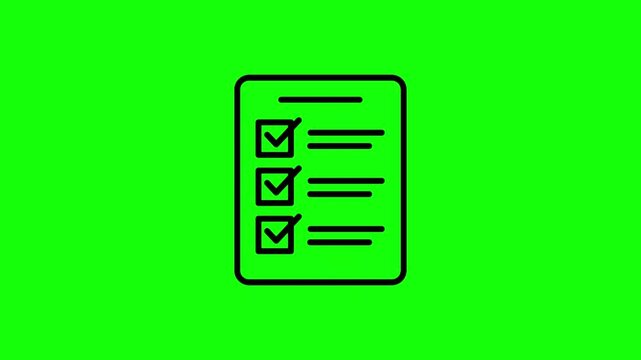 Line art icon of a document with multiple checkmarks and a tick symbol, green screen.