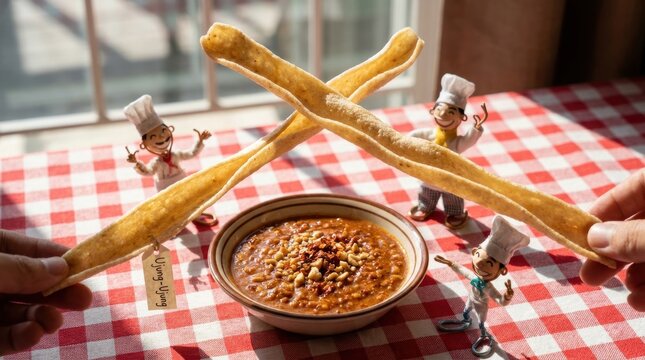 Close-up of two long thin kerupuk Ujung-Ujung crackers held in a cross over a bowl of peanut dipping sauce on a red and white checkered table with miniature chef figurines.