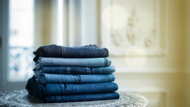 Stack of folded blue denim jeans on a table