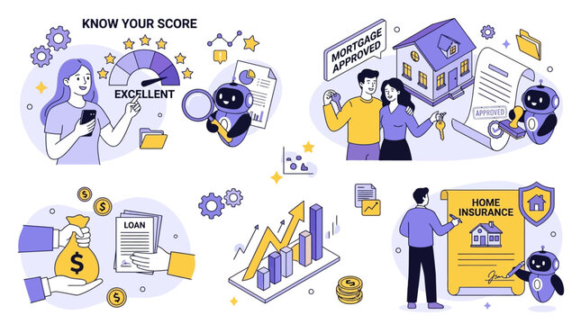 Financial mortgage approval process set featuring diverse characters celebrating bank loan acceptance, high credit score rating, and residential home insurance policy protection.