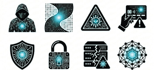  Cyber security concept showing low poly hacker figure in front of streaming binary code backdrop, illustrating digital fraud, hacking activity and online threats in dark 3D style..eps © Numan