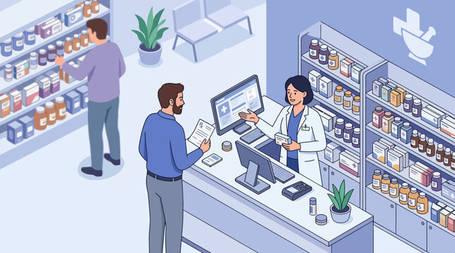 Male patient standing at pharmacy counter holding medical prescription while professional pharmacist consults customer in drug store interior. Flat cartoon vector illustration for healthcare.