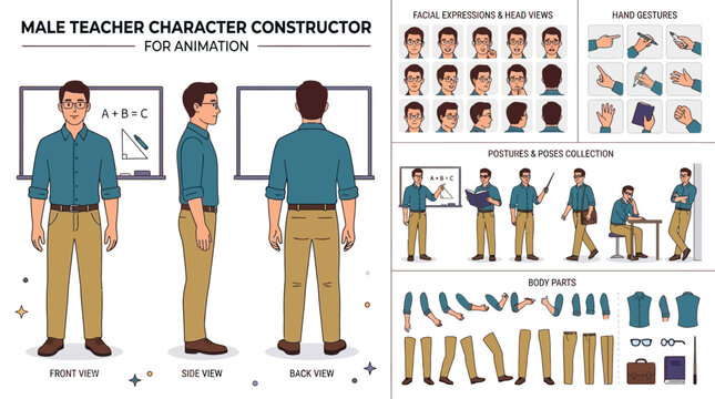 Male educator character creator kit for animation featuring professional teacher standing by chalkboard with diverse poses, various body parts, front side and back view vector illustration.
