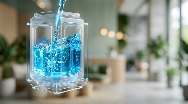 Liquid pouring into a floating geometric glass container in a lobby