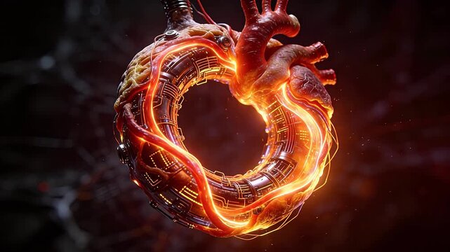 Biomechanical heart with mechanical parts and glowing red orange lights