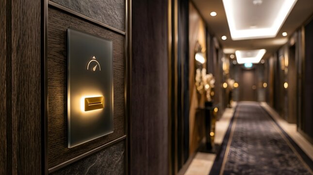 Modern hotel room door electronic key card reader panel in luxury hallway