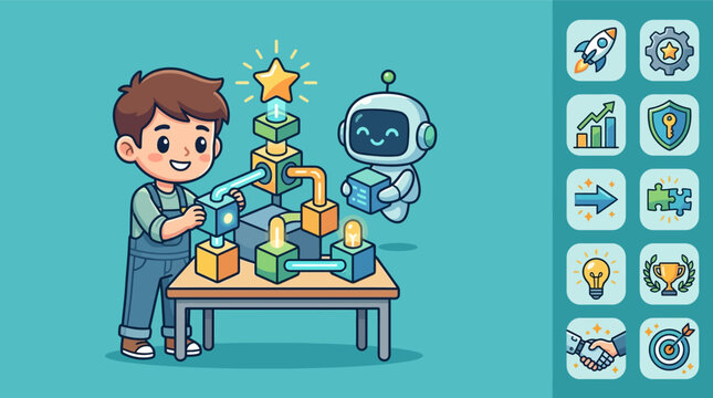 Flat vector illustration of a cute chibi boy and a friendly robot building a modular structure with glowing blocks and pipes, including a set of technology and business icons.