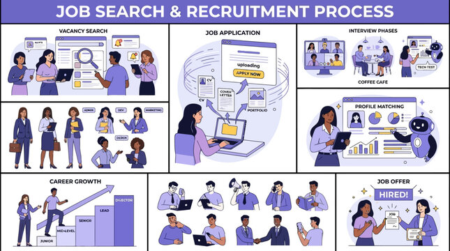 Professional recruitment collection featuring diverse people searching for employment opportunities applying for job vacancies and attending interviews for career development vector illustration.