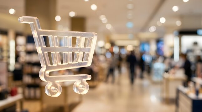 Translucent 3D shopping cart icon floating in a modern shopping mall