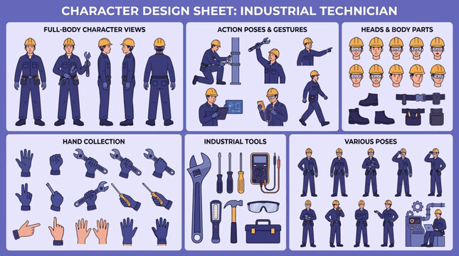 Professional Industrial Maintenance Technician Character Animation Safety Helmet Uniform Wrench Construction Worker Set with Front Side Back Views Poses Body Parts and Tools Collection