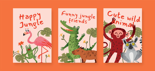 Set of Jungle cards with Flamingo, Frog, Crocodile, Capybara, Monkey and Lemur, tropical Leaves and lettering. Cute Childish flat vector illustration for children, greeting and poster © roze ultra