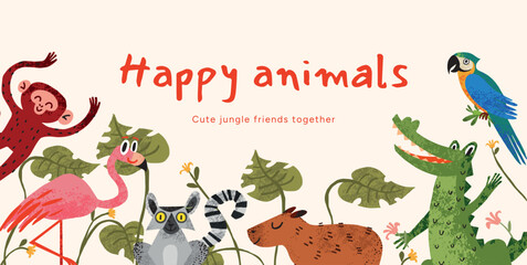 Happy Animals poster with Monkey, Flamingo, Lemur, Capybara, Crocodile and Parrot among tropical Leaves and Flowers, Childish flat vector illustration for children © roze ultra