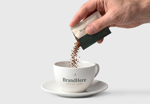 Coffee Sachet and Cup Mockup with Hand Pouring Instant Coffee Granules