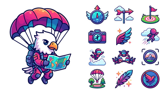 Flat vector illustration of a chibi eagle mascot skydiver with a parachute reading a world map, including extreme sports icons such as an altimeter, wings, and landing targets.