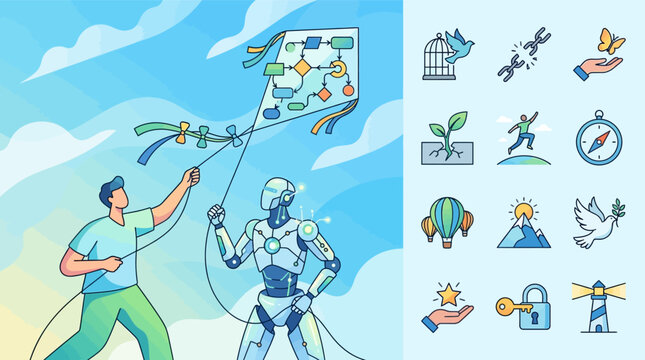 Flat vector illustration of a human and a robot flying a kite with a flowchart diagram in a blue sky, accompanied by conceptual icons representing freedom, success, and growth.