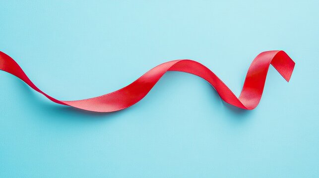 Graceful Red Grosgrain Ribbon Waving Across a Textured Light Blue Background