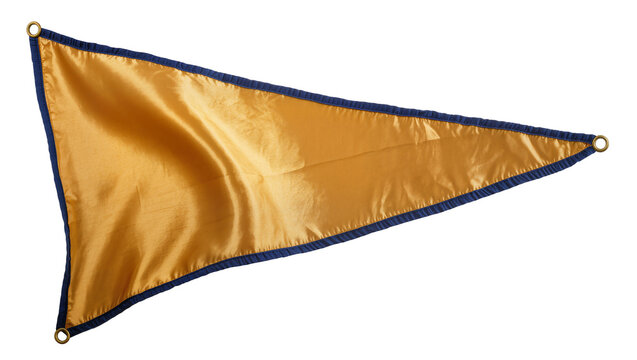 Golden triangular pennant flag with navy blue trim and grommets, isolated on transparent background