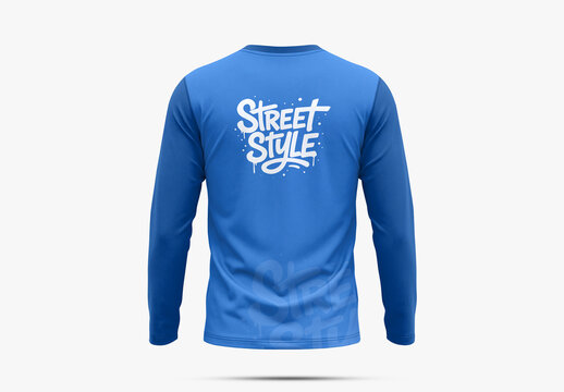 Blue Long Sleeve T Shirt Mockup Back View