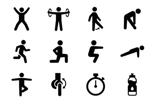 Set of black exercise icons depicting various fitness activities and equipment