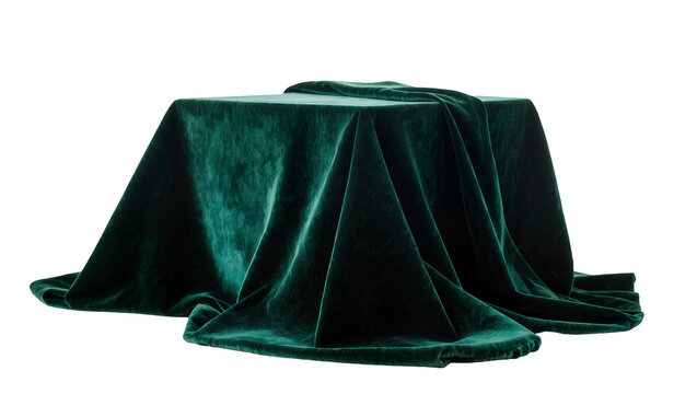 Dark green velvet tablecloth draped over a square object, isolated on transparent background