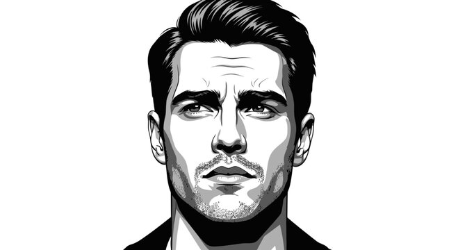 Black and White Graphic Portrait of a Handsome Man with Styled Hair
