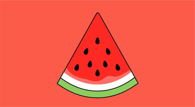 A vibrant and simple graphic illustration of a triangular watermelon slice with black seeds and green rind on a solid red background.