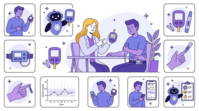 Medical doctor examining patient glucose level using digital glucometer and insulin pump device, diabetic healthcare therapy cartoon vector illustration for diabetes management