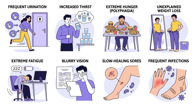 Medical infographics illustrating common diabetes symptoms clinical indicators of hyperglycemia and physiological warning signs of elevated blood glucose levels in a detailed vector design