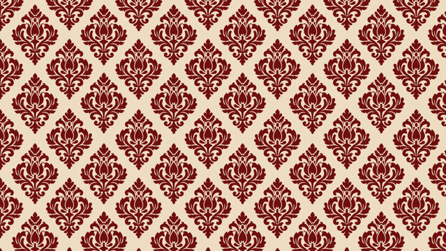 Seamless red damask floral pattern on beige background vector design.