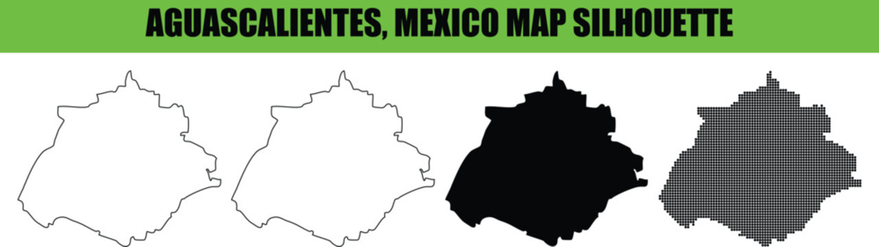 Aguascalientes mexico map silhouette, outline, solid, and dotted design elements for geography, travel, and cartography projects.