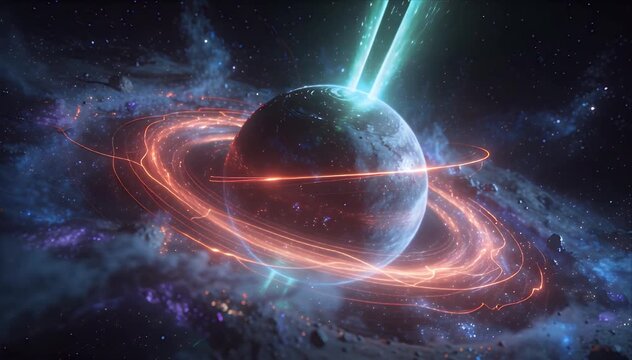 Space 3D cosmic planet with glowing ring, star field, space orbit line, deep galaxy nebula background, futuristic sci fi light trail and digital art glow