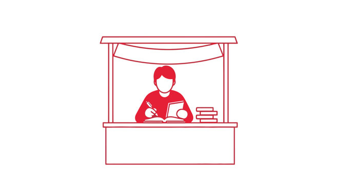 Person working at a stall, writing in a book, selling books