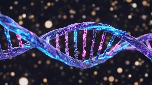 Abstract 3D DNA Helix Structure Glowing with Blue and Purple Lights.