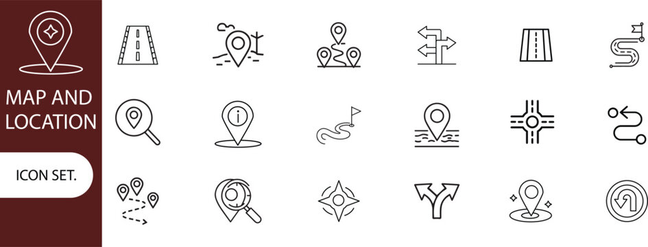 Map and location icon set. Navigation, GPS, direction, travel, route, destination, road, navigator icons. Thin line editable stroke vector illustrations.