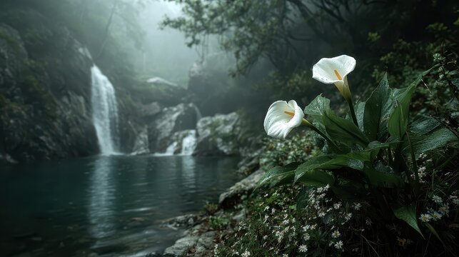 Two calla lilies bloom by a stream with a waterfall and foggy forest. Ideal for projects about nature, peace, or magical, dreamlike locations.