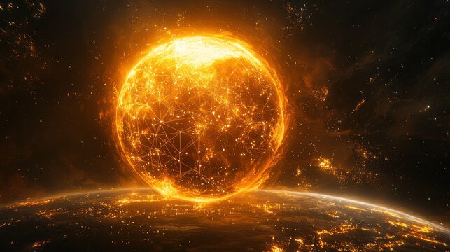 Glowing orb with network lines erupts from a planet, illuminating a vast, dark space