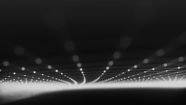 An abstract digital wave composed of numerous glowing dots on a black background. The lines create a sense of movement, energy, and depth, reminiscent of a digital particle flow. Vector.
