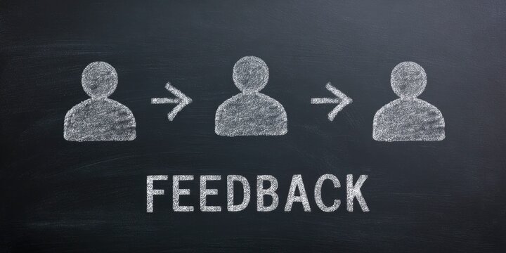 a blackboard drawing of three people with arrows between them, text FEEDBACK in the middle