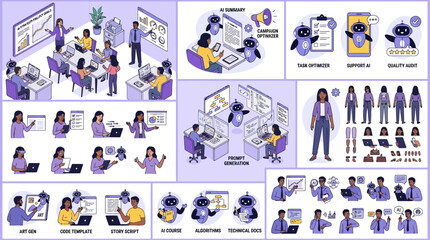 Fototapeta premium Comprehensive Vector Collection of Professionals Using Sophisticated AI Algorithms and Generative Digital Tools to Optimize Workflow Tasks, Organizational Checklists, and Schedules.