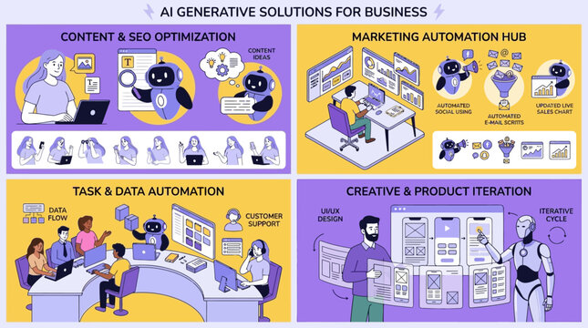 Vector collection of professional characters utilizing advanced artificial intelligence generative software for corporate business management marketing automation and digital content creation tasks