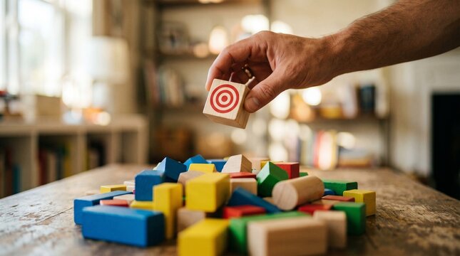 Hand Placing Bullseye Target Block on Colorful Wooden Shape Blocks