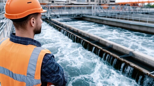Engineer inspecting waste water treatment plant purification process