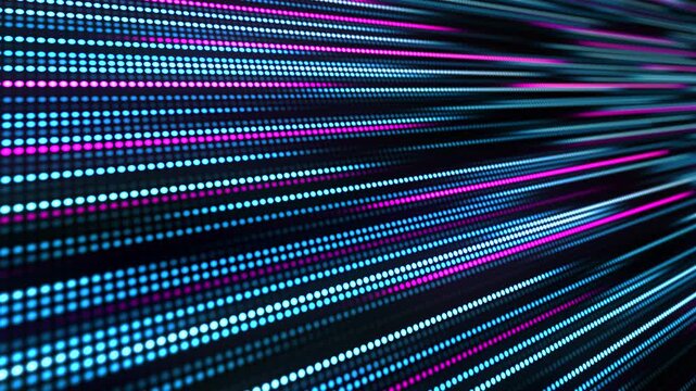 Fast moving glowing digital lines composed of blue and pink neon dots. Digital technology background. Digital display. 4K animation.