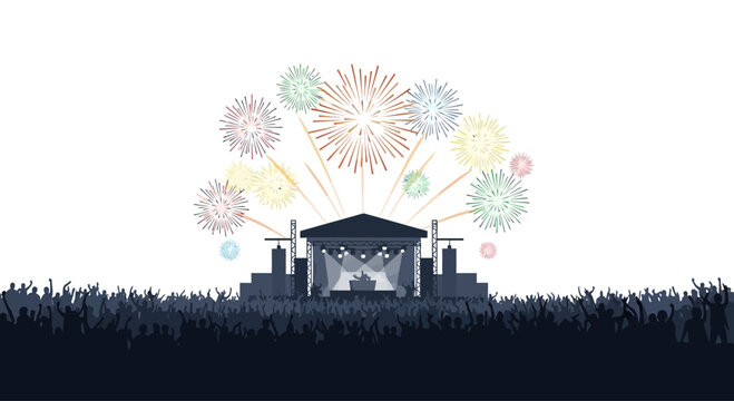 Silhouette of a concert stage with a crowd and fireworks.