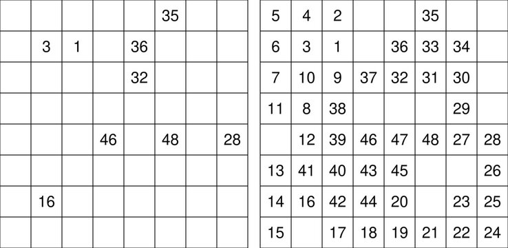 Hidato puzzle series with numbered grids and complete solution paths. Clean vector logic game for brain training, printables, and activity books