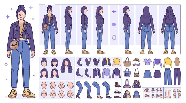 Versatile young fashionable woman character constructor for animation design including front side and back view with diverse body posture pose and stylish clothing accessory vector set.