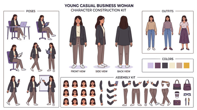 Young Professional Female Character Animation Kit Featuring Multiple Views Postures and Body Parts for Motion Graphics Creation Front Side and Back Pose Collection Flat Vector Illustration